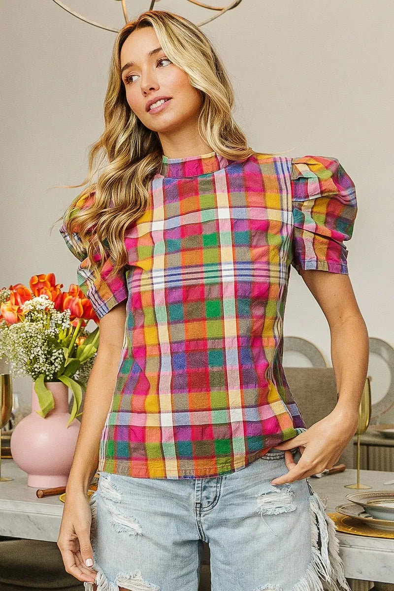 TEEK - Stained Glass Short Puff Sleeve Washed Vintage Plaid Top TOPS TEEK Trend