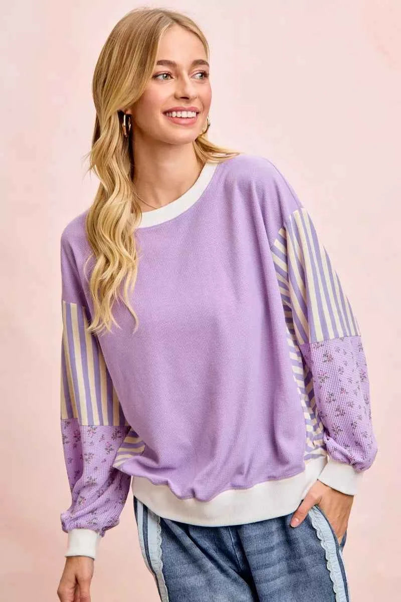 TEEK - Mix and Match Sweatshirt with Floral Sleeve Striped TOPS TEEK Trend
