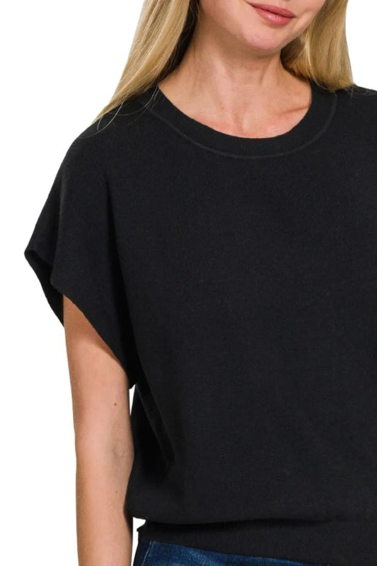 TEEK - Black Zenana Round Neck Short Dolman Sleeve Sweater TOPS TEEK Trend