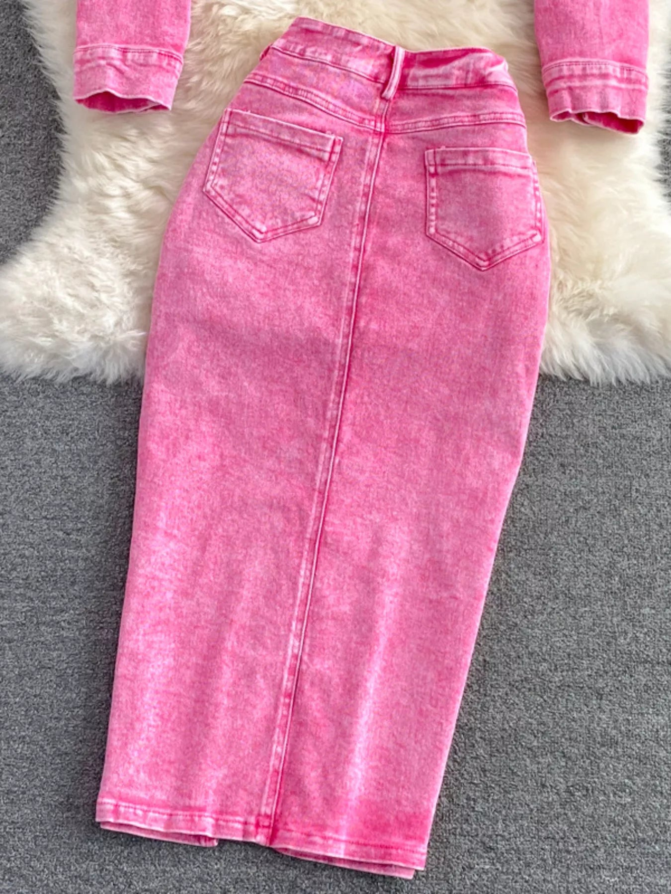 TEEK - Button Up Jacket and Slit Skirt Denim Set SET TEEK Trend