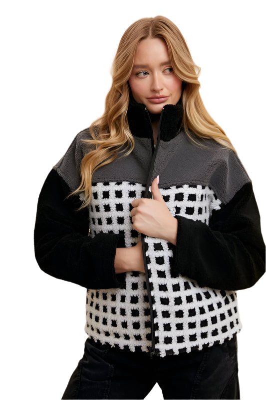 TEEK - Ivory Black Plaid Zip Up Drop Shoulder Sherpa Jacket JACKET TEEK Trend S