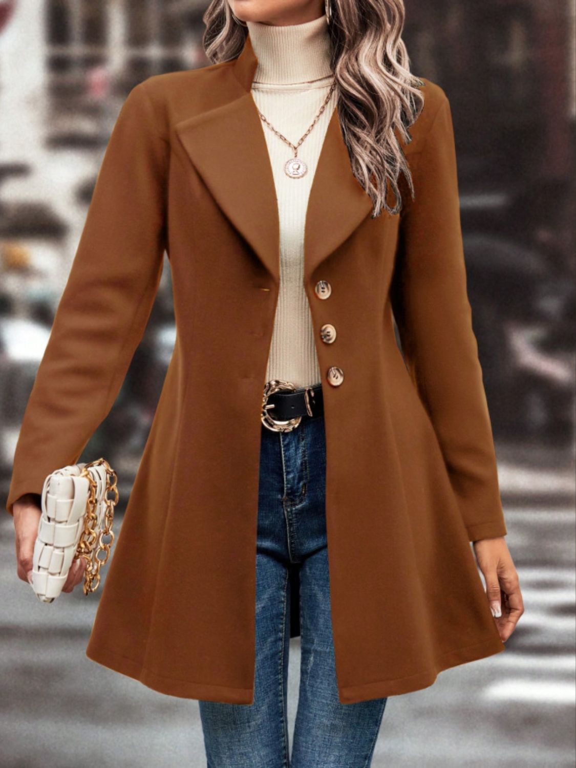 Collared Neck Button Up Long Sleeve Coat TEEK Trend Caramel S