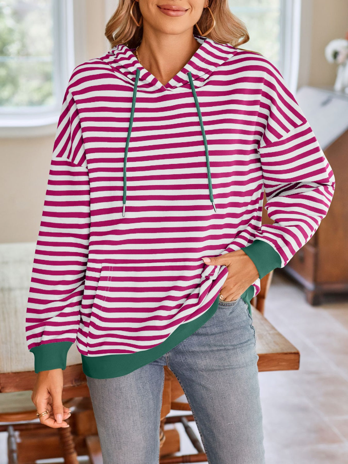 TEEK - Lovelet Drawstring Striped Long Sleeve Hoodie TOPS TEEK Trend   