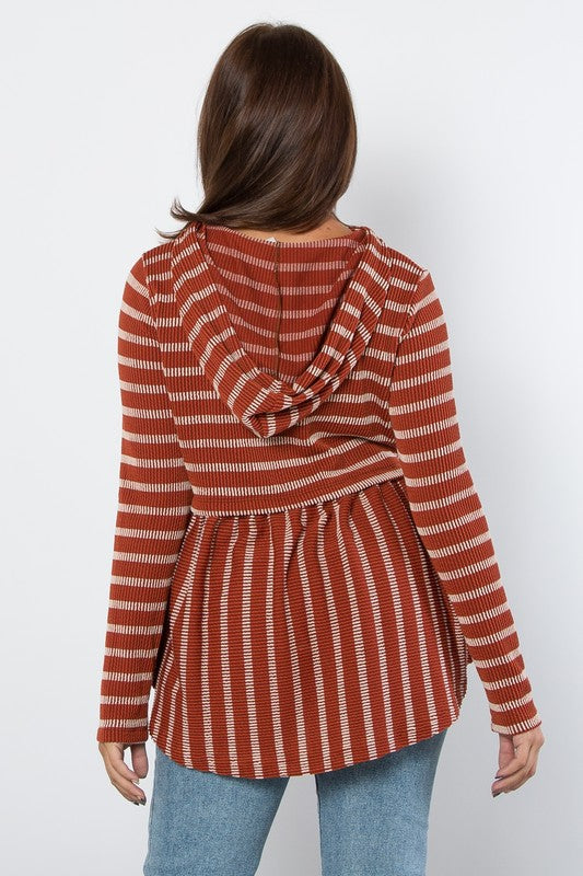 TEEK - Rust Drawstring Striped Babydoll Hoodie TOPS TEEK Trend