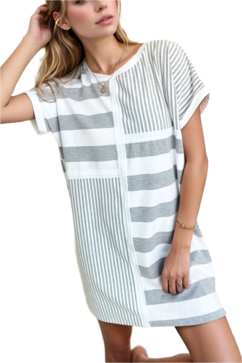 TEEK - Stripe Mixed Short Sleeve Shift Tee Dress DRESS TEEK Trend Gray S