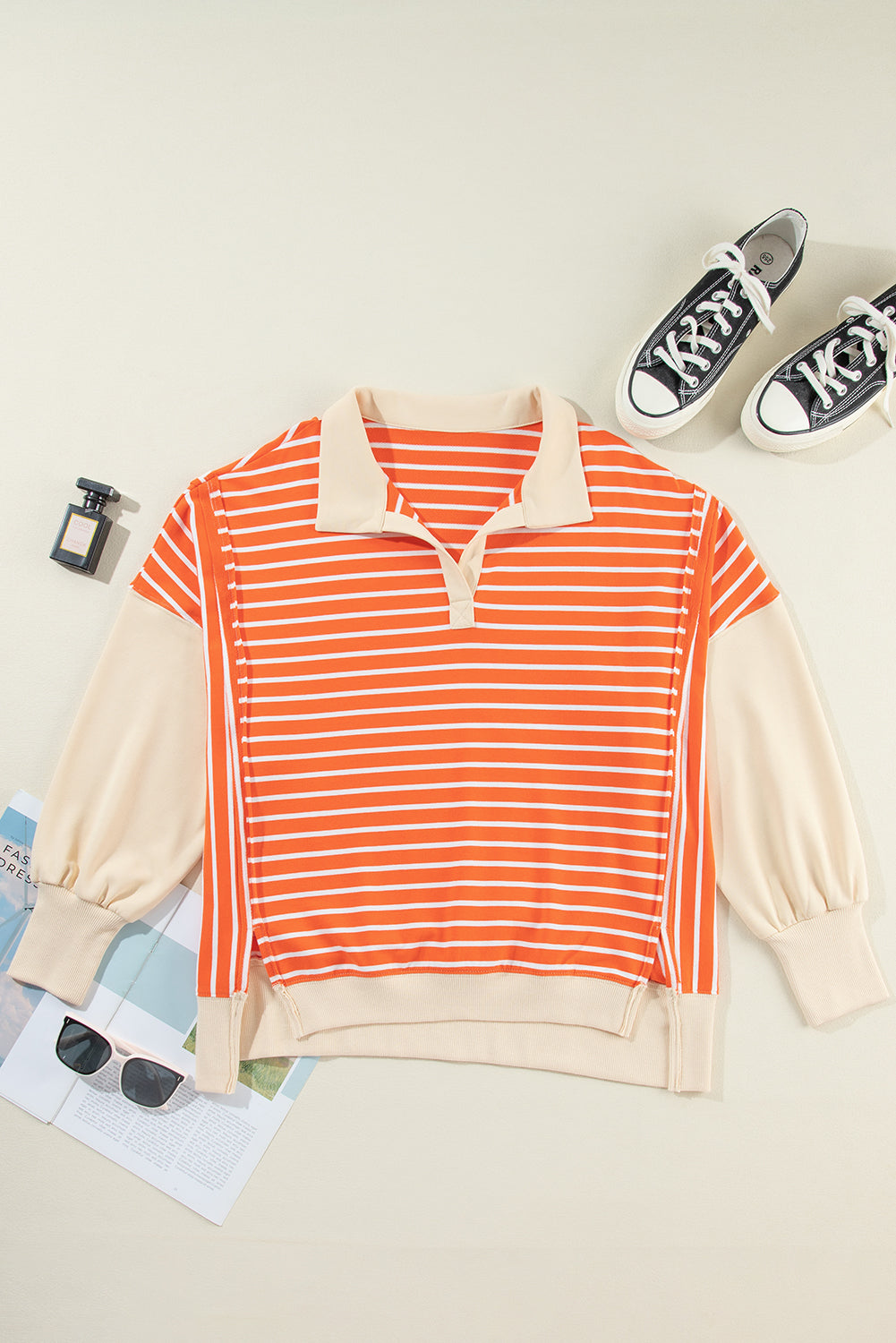 TEEK - Tangerine Striped Johnny Collar Long Sleeve Sweatshirt TOPS TEEK Trend