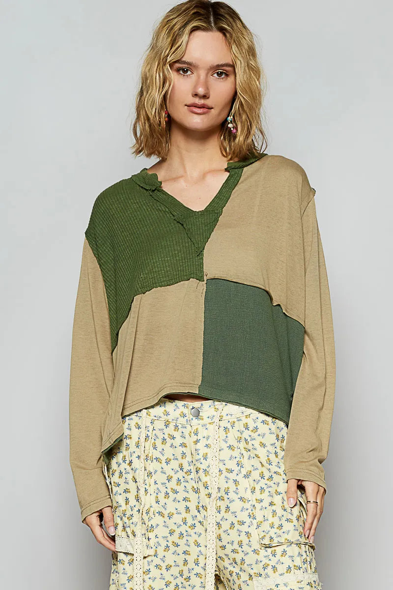 TEEK - Matcha Green Color Block Notched Long Sleeve T-Shirt TOPS TEEK Trend