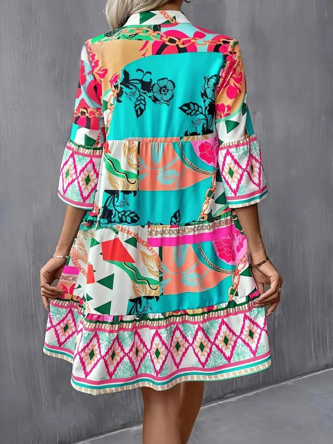TEEK - Printed Notched 3/4 Sleeve Tiered Dress DRESS TEEK Trend