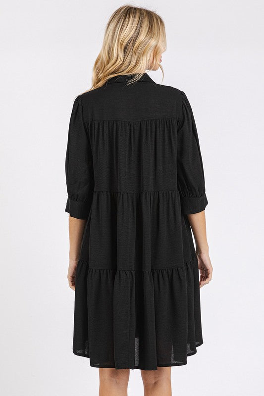 TEEK - Black Button Collared Neck Tiered Shirt Dress DRESS TEEK Trend