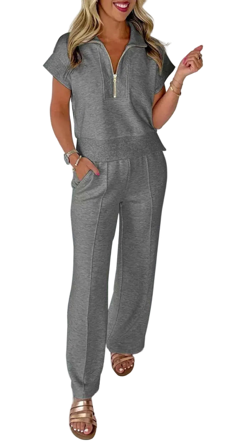 Half Zip Polo Tee Casual Pant Set Trendsi Dark Gray S