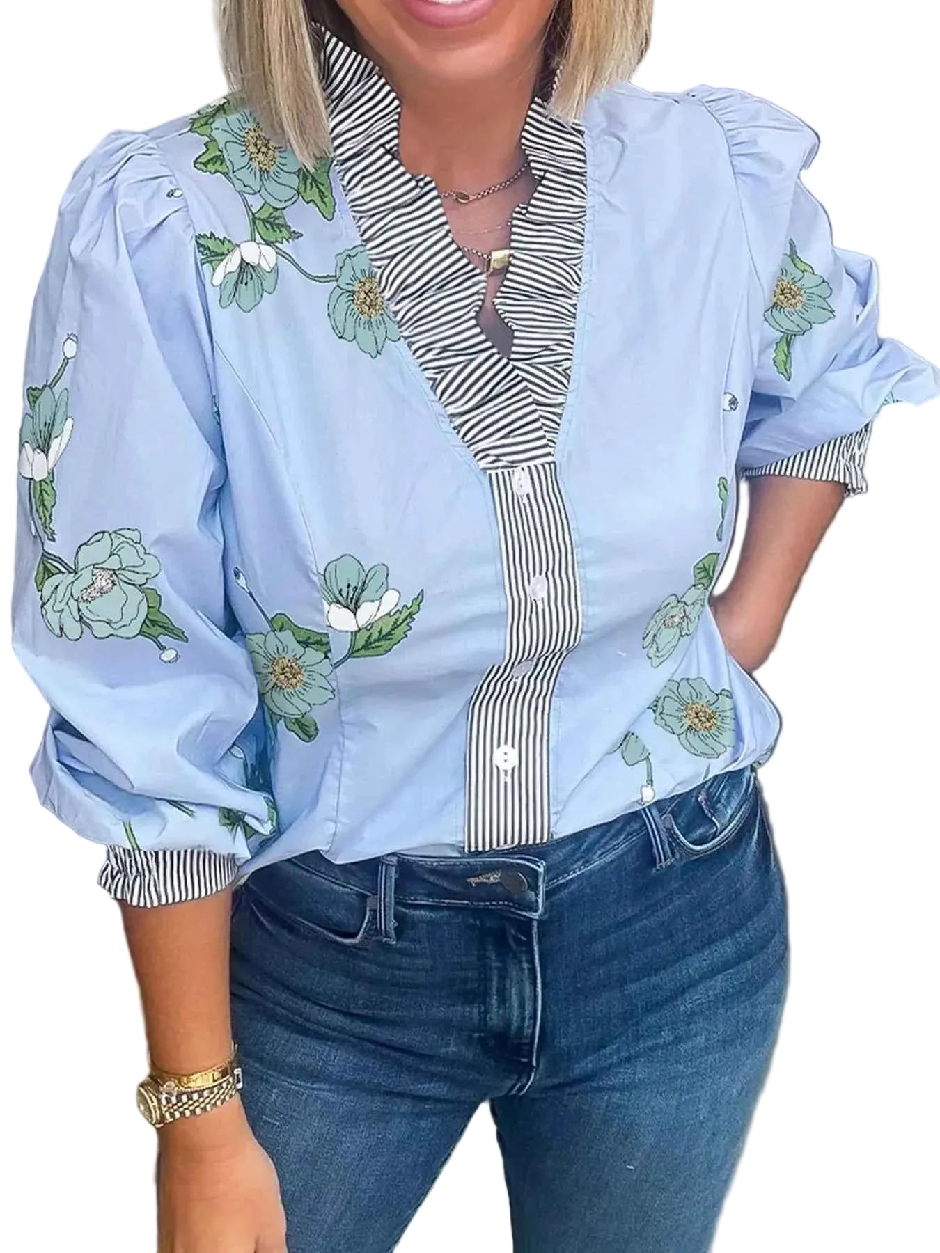 Floral Print Contrast Striped Trim Ruffled V Neck Fall Blouse Trendsi Light Blue S