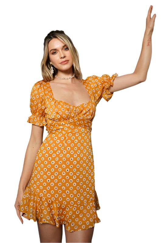 TEEK - Orange Flower Ruffle Puff Sleeved Dress DRESS TEEK FG XS  