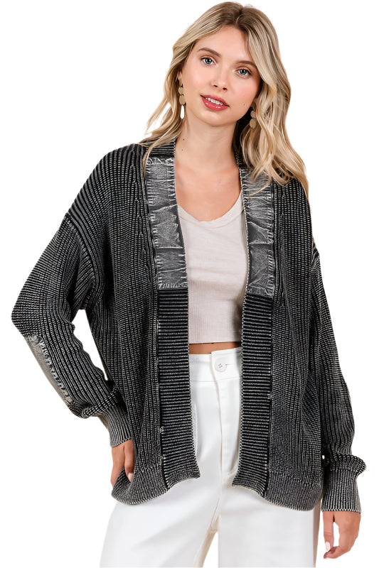 TEEK - Black Contrast Patch Open Front Mineral Wash Cardigan SWEATER TEEK Trend S
