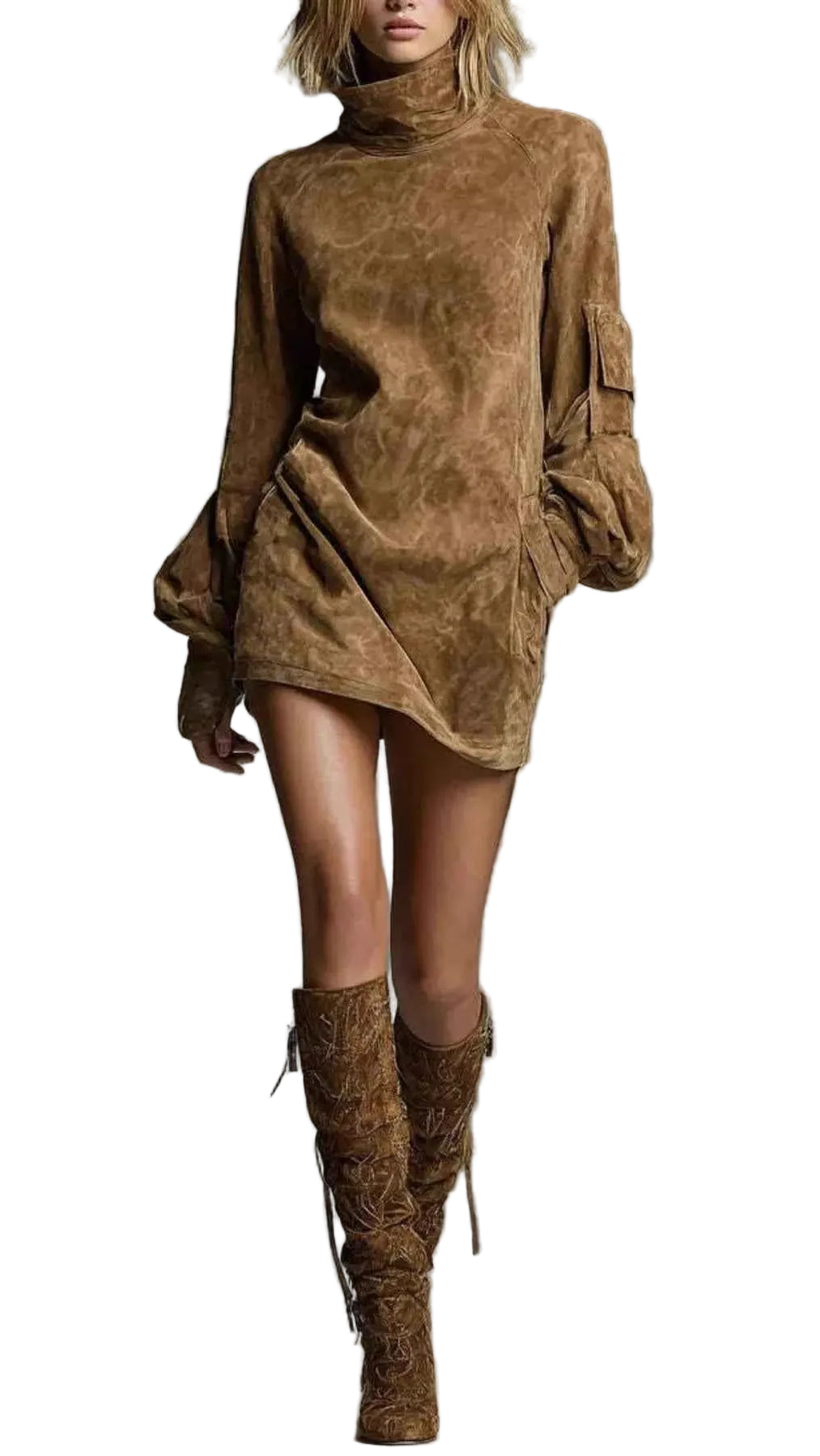 TEEK - Turtleneck Lantern Sleeve Mini Dress with Pockets DRESS TEEK Trend Caramel Color XS