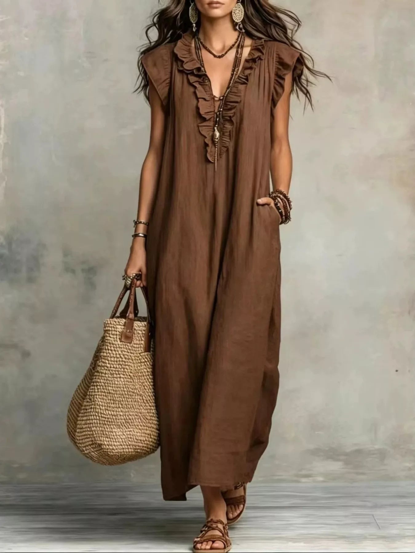 TEEK - Ruffled V-Neck Cap Sleeve Maxi Dress DRESS TEEK Trend Brown S