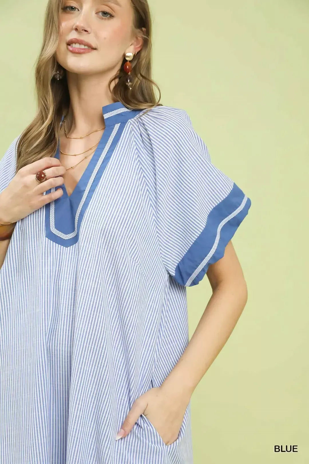 Umgee Pinstripe Contrast Trim Midi Dress Trendsi