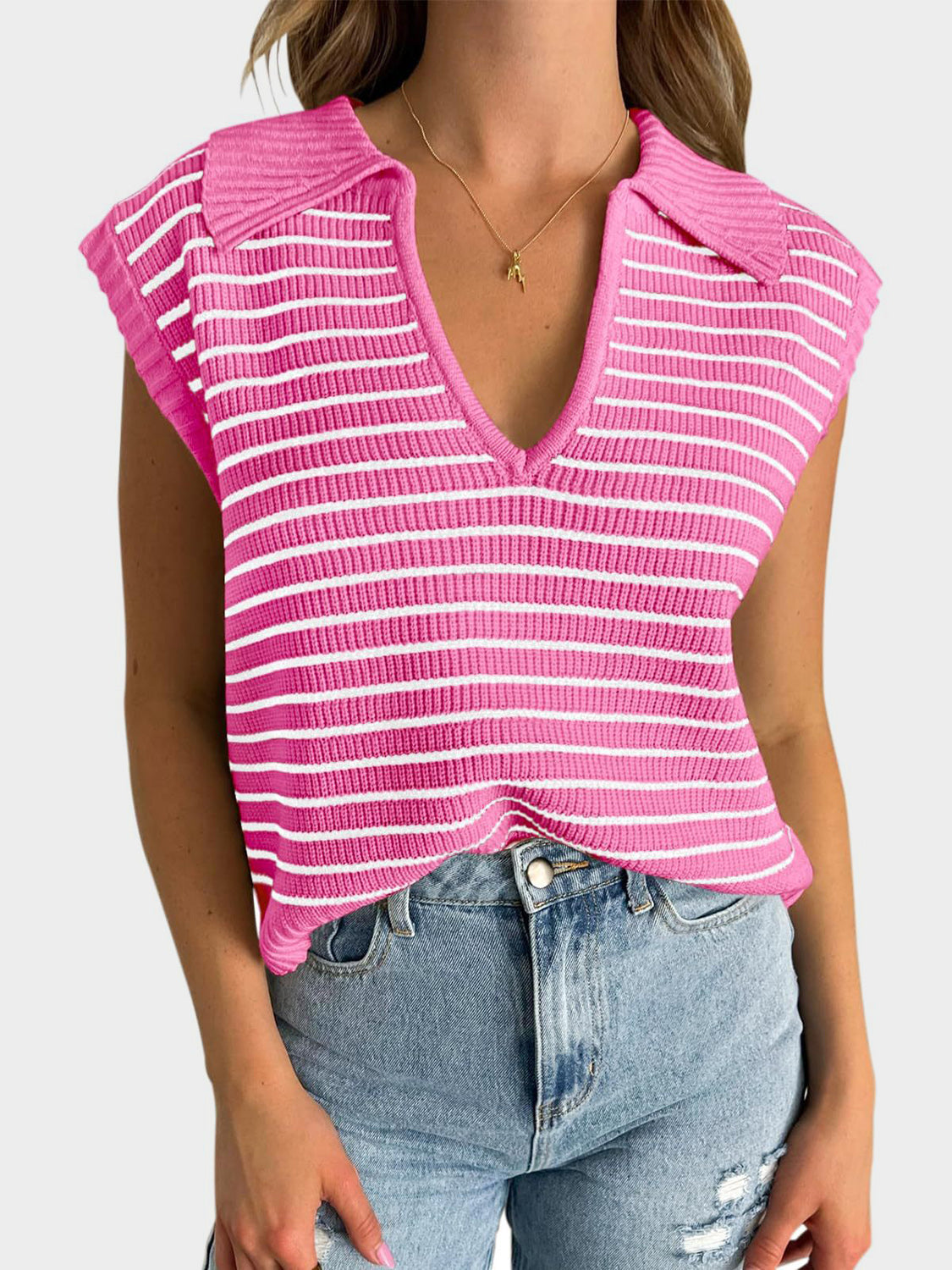 TEEK - Mandy Collared Neck Striped Sweater Vest TOPS TEEK Trend Pink S