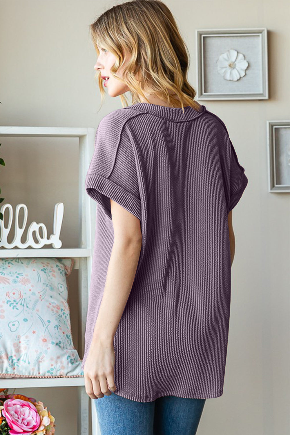 TEEK - Dusty Lavender Exposed Seam Short Sleeve Ribbed Top TOPS TEEK Trend   