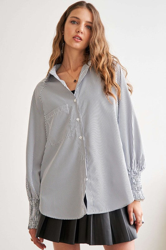 TEEK - Grey High-Low Striped Button Down Smocked Lantern Sleeve Shirt TOPS TEEK Trend
