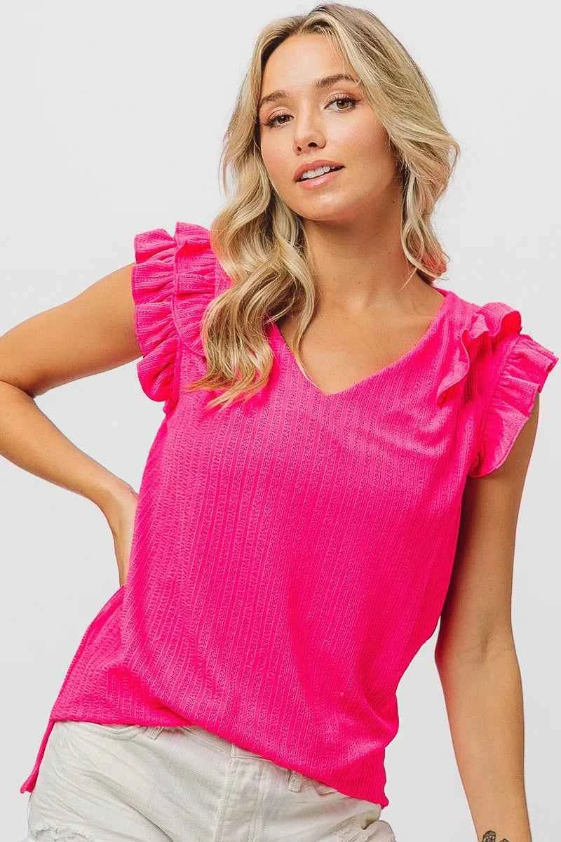 TEEK - Layered Ruffles Armhole V-Neck Rib Textured Top TOPS TEEK Trend