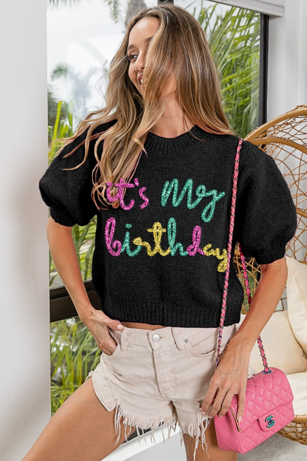 TEEK - Black Metallic Letter Puff Sleeve Hairy Birthday Sweater TOPS TEEK Trend   