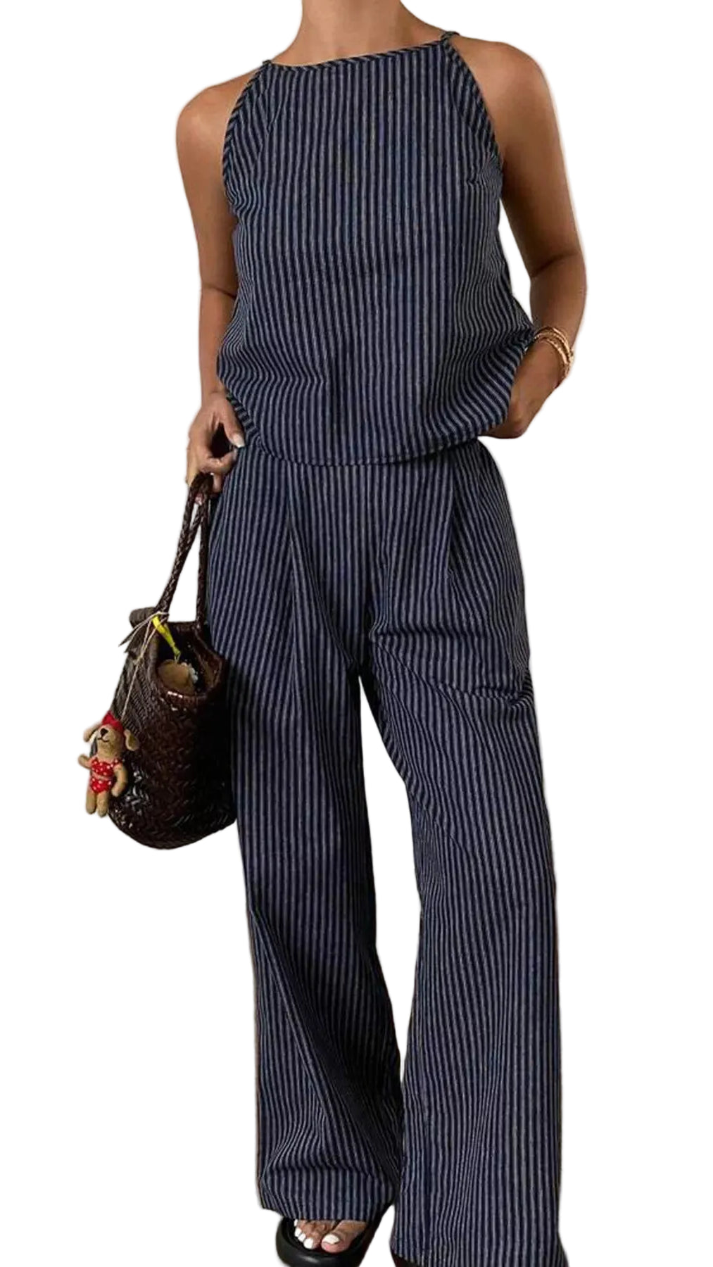 TEEK - Striped Sleeveless Top and Wide-Leg Pants Set SET TEEK Trend Blue S