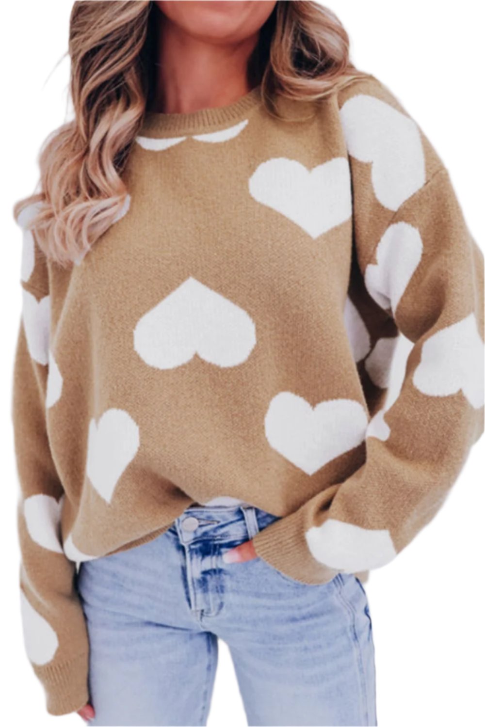 TEEK - Khaki Heart Round Neck Long Sleeve Sweater SWEATER TEEK Trend