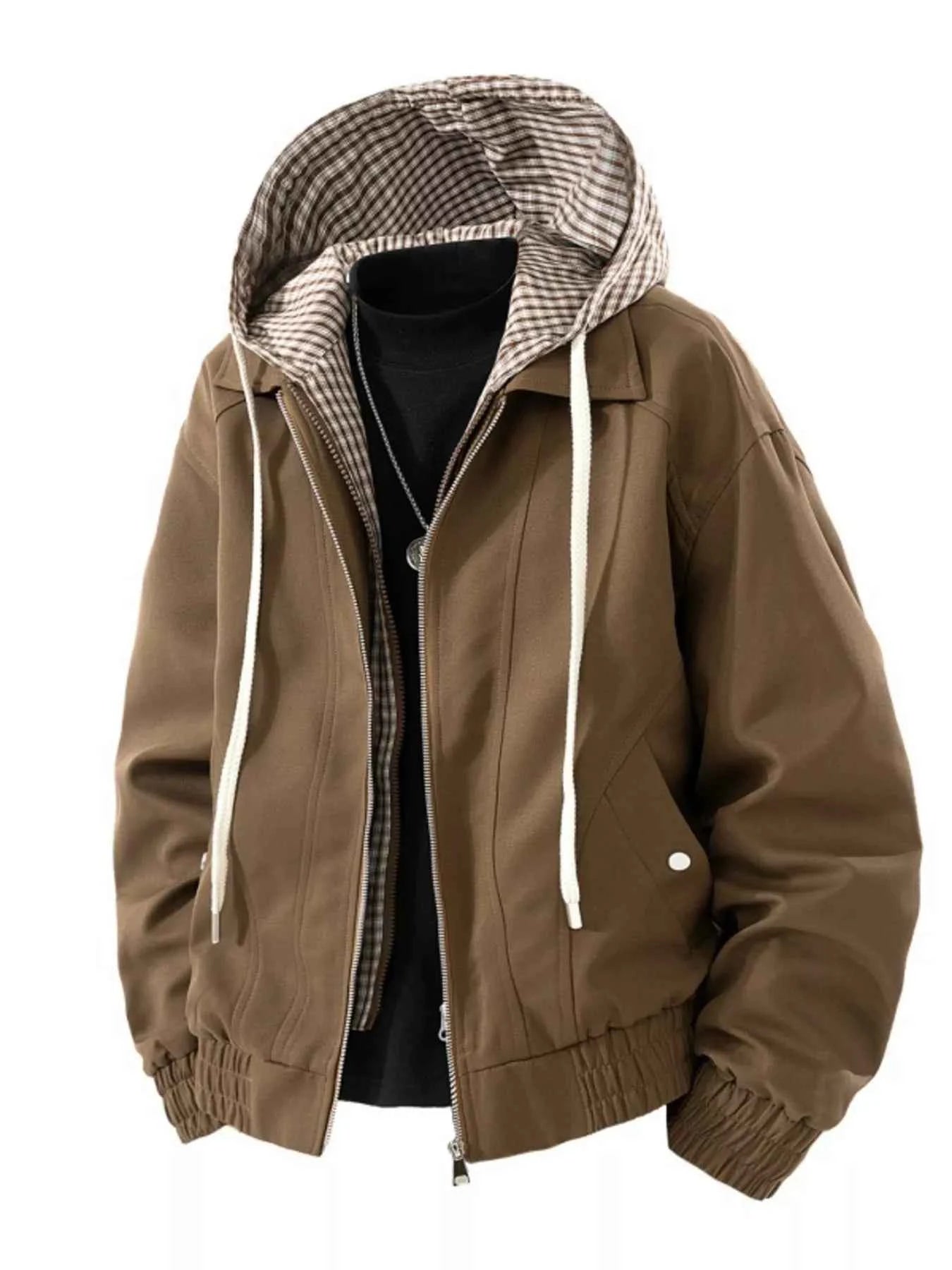 TEEK - Mens Plus Size Casual Plaid Hooded Windbreaker Jacket JACKET TEEK Trend Brown M