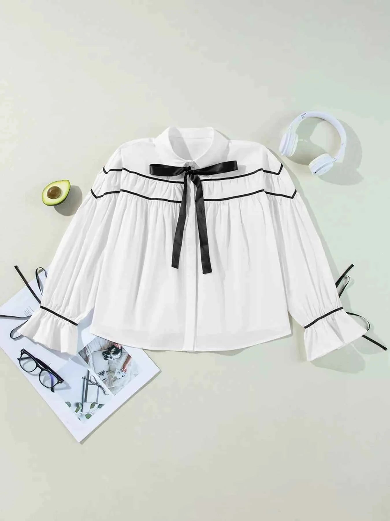 TEEK - Elegant Contrast Bow-Tie Ruffle Blouse TOPS TEEK Trend
