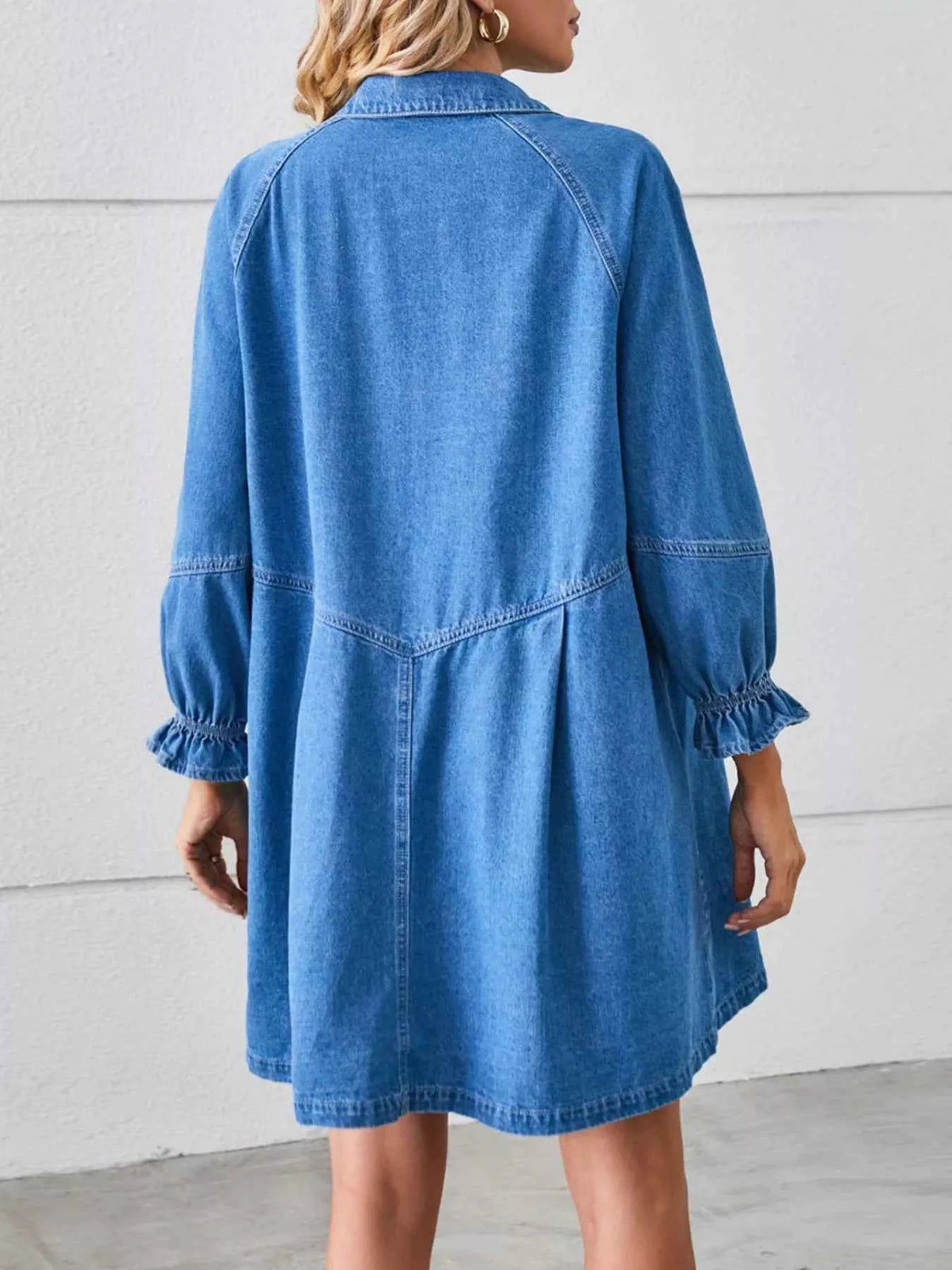 Button-Front Ruffle Cuff Denim Dress Trendsi