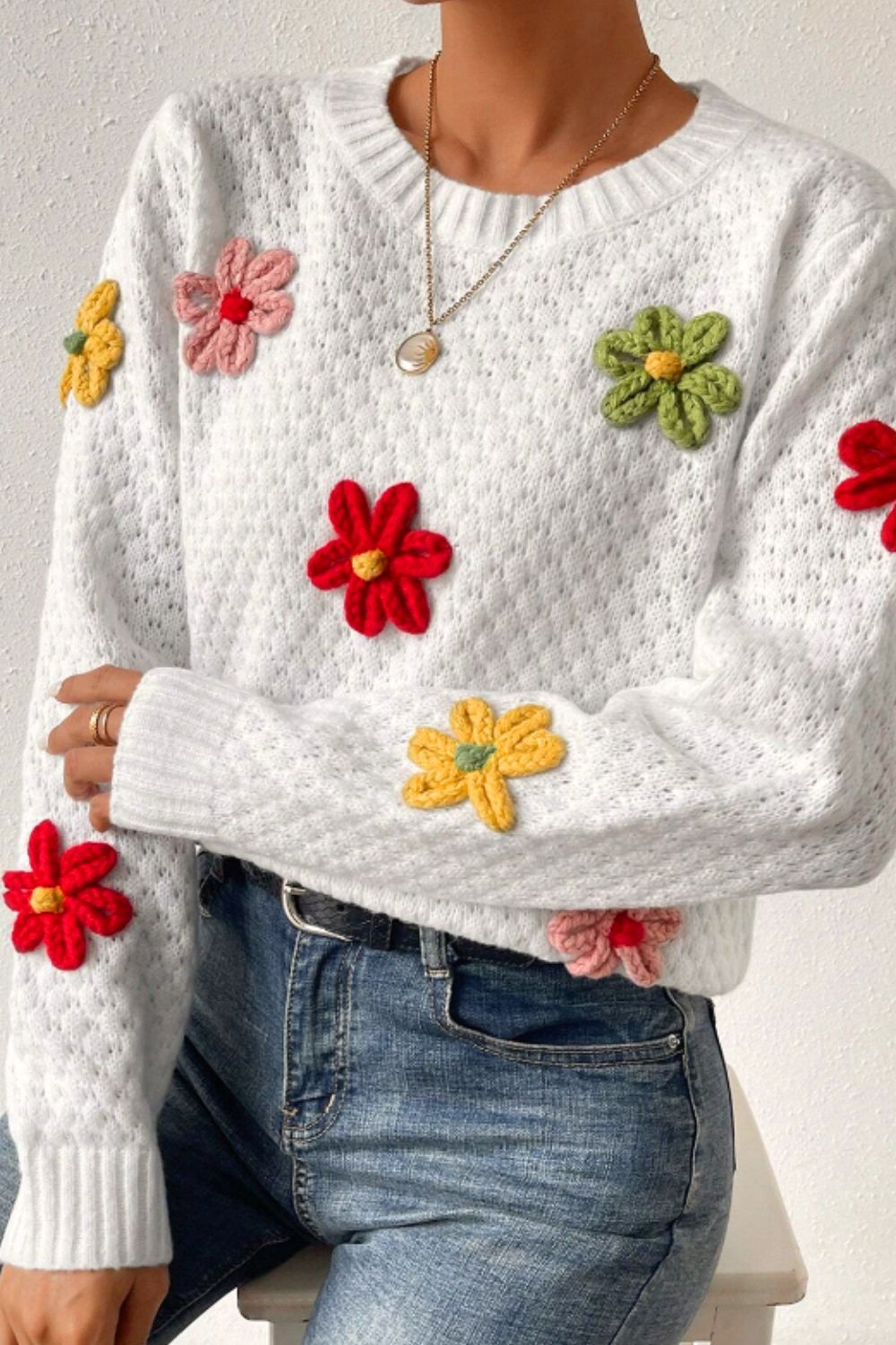 TEEK - White Crochet Flower Round Neck Long Sleeve Sweater TOPS TEEK Trend