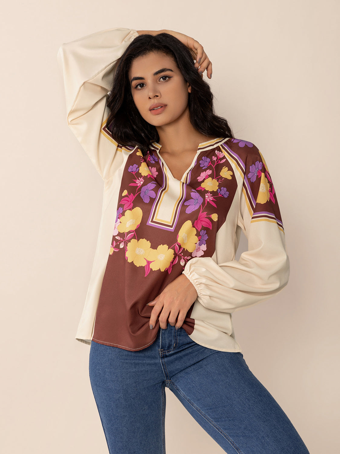 TEEK - Multicolor Printed Notched Long Sleeve Blouse TOPS TEEK Trend