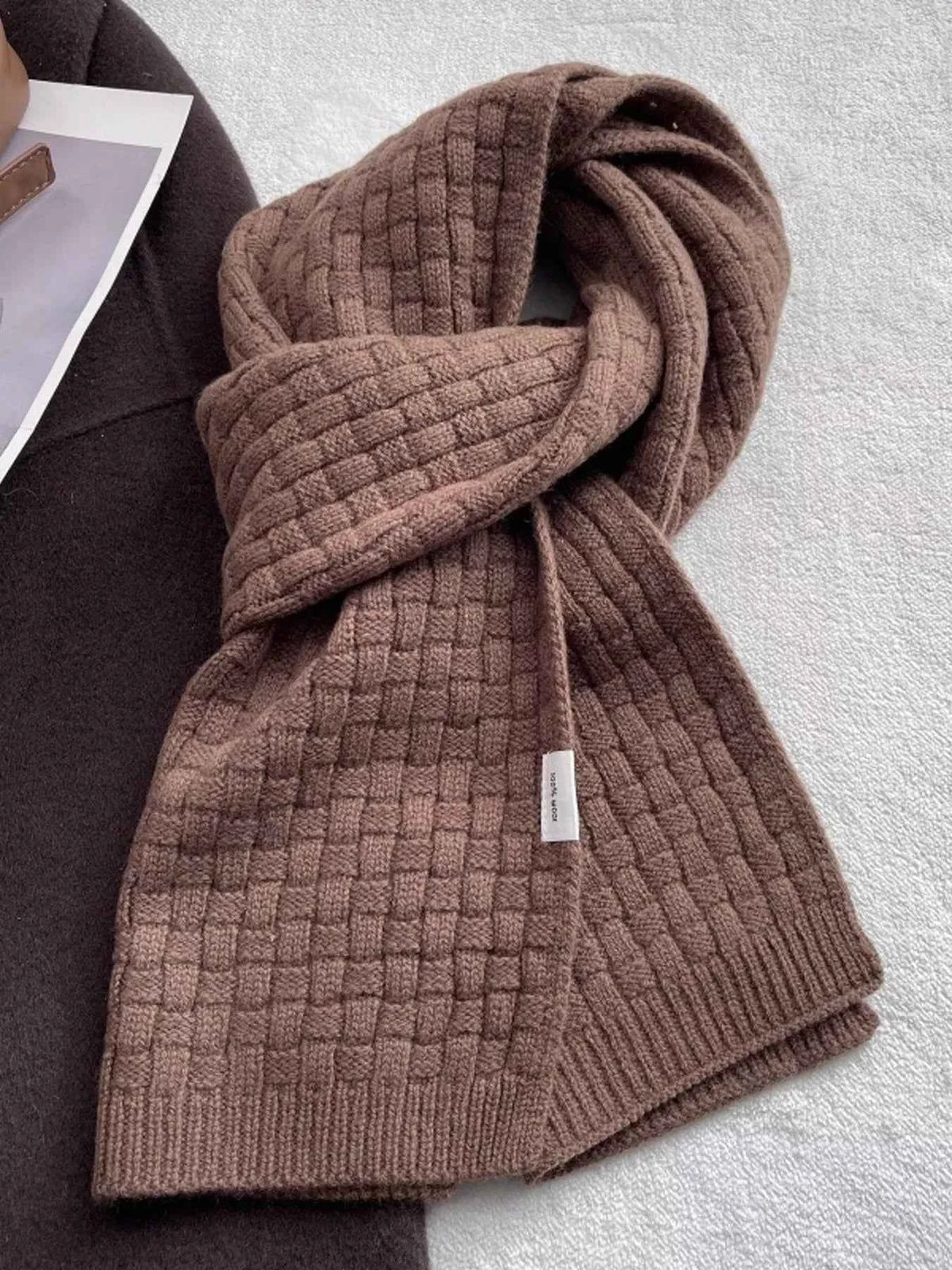 Wool Woven Pattern Knitted Scarf Trendsi Taupe ONESIZE