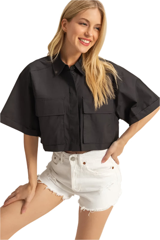 TEEK - Black Collared Neck Short Sleeve Crop Shirt TOPS TEEK Trend S