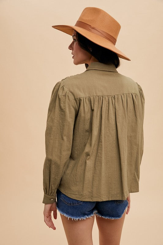 TEEK - Olive Smocked Front Long Sleeve Babydoll Blouse TOPS TEEK Trend