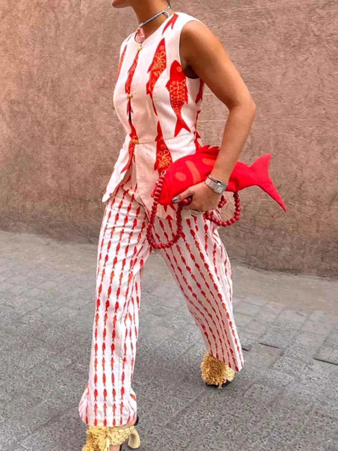 TEEK - Fish Print Sleeveless Top and Pants Set SET TEEK Trend