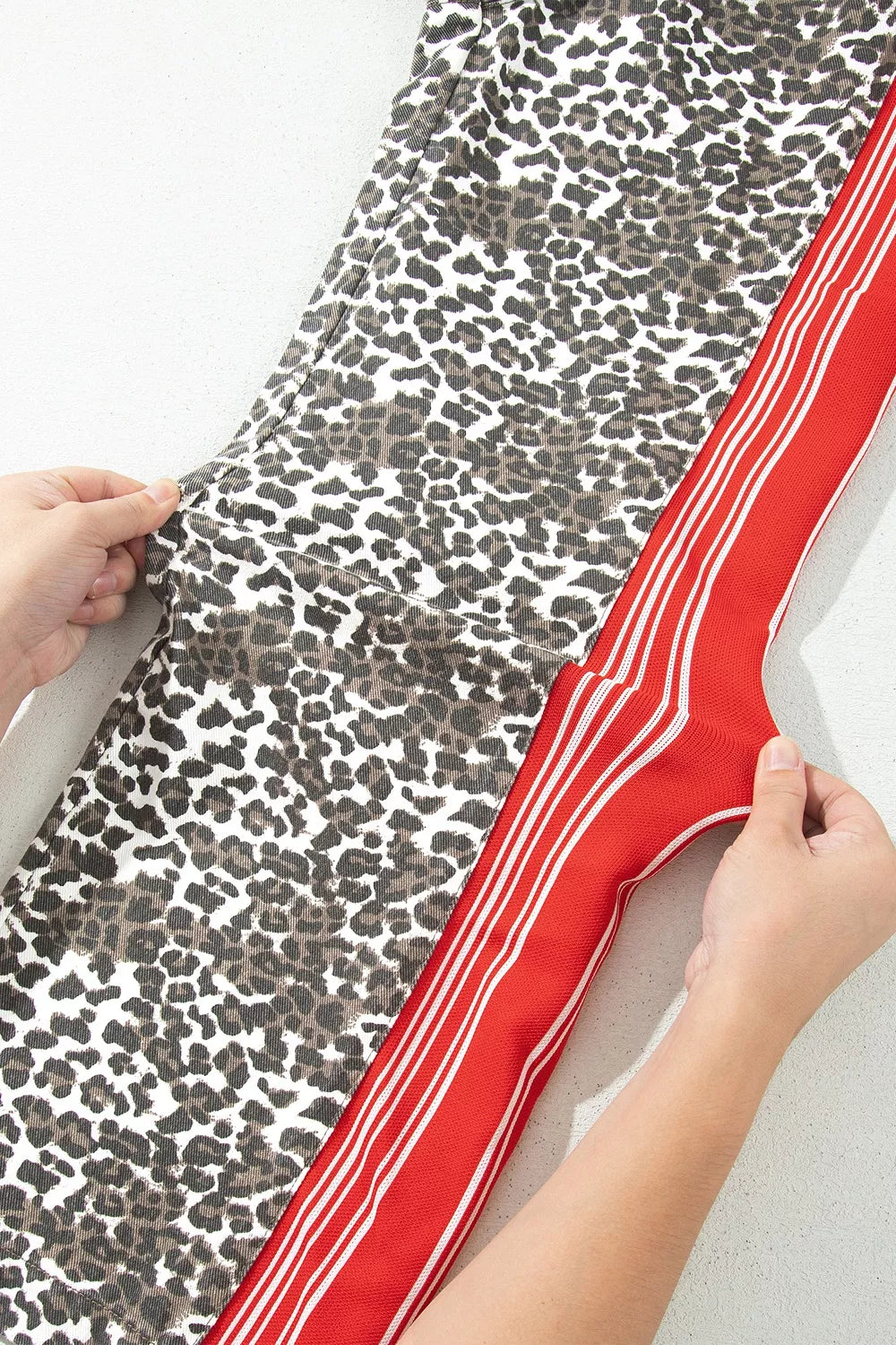 Leopard Patchwork Elastic Waist Jeans Trendsi