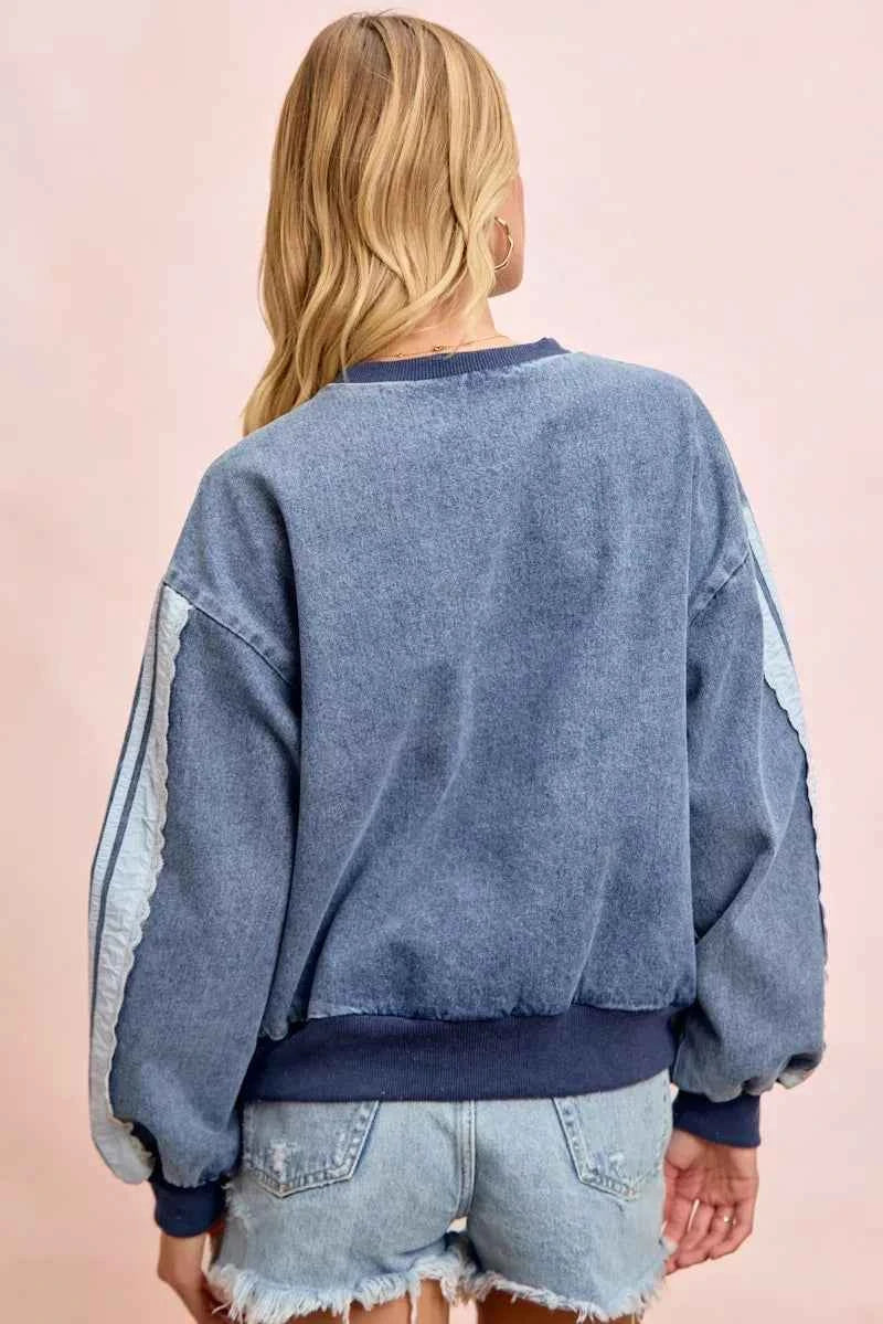 BiBi Washed Denim Lace Contrast Sided Sweatshirt Trendsi