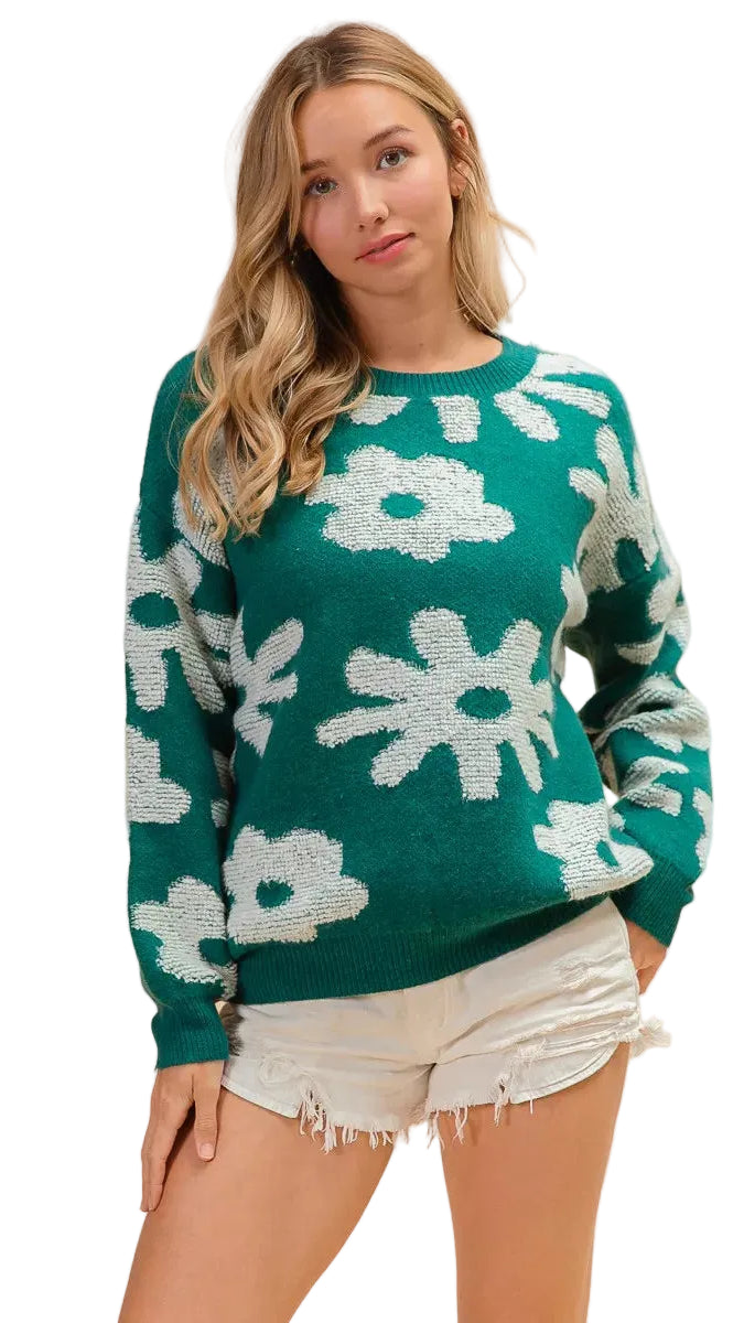TEEK - Flower Pattern Long Sleeves Sweater Top TOPS TEEK Trend HUNTER S