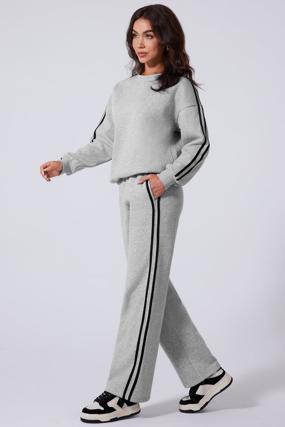 Side Striped Round Neck Top and Pants Active Set TEEK Trend