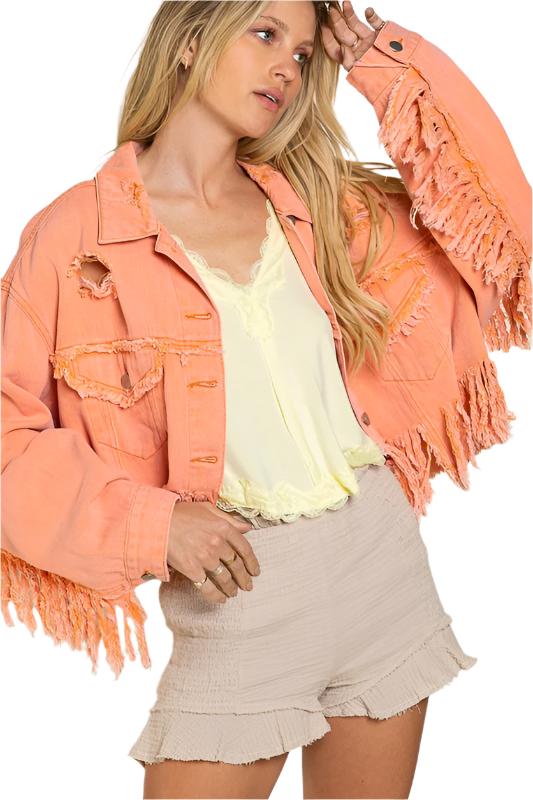 TEEK - Fringe Distressed Crop Denim Jacket JACKET TEEK FG NEON ORANGE S 