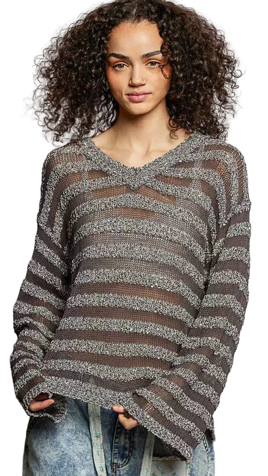 TEEK - Striped Pattern V-Neck Long Sleeve Knit Top TOPS TEEK Trend BLACK S