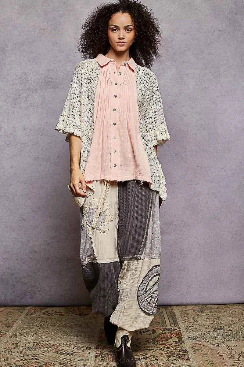 TEEK - Button Down Front Pleated Shirt with Crochet Patch TOPS TEEK Trend