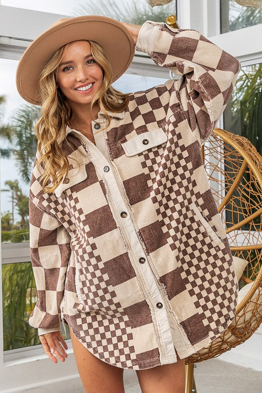 BiBi Checkered Button Down Corduroy Shacket TEEK Trend