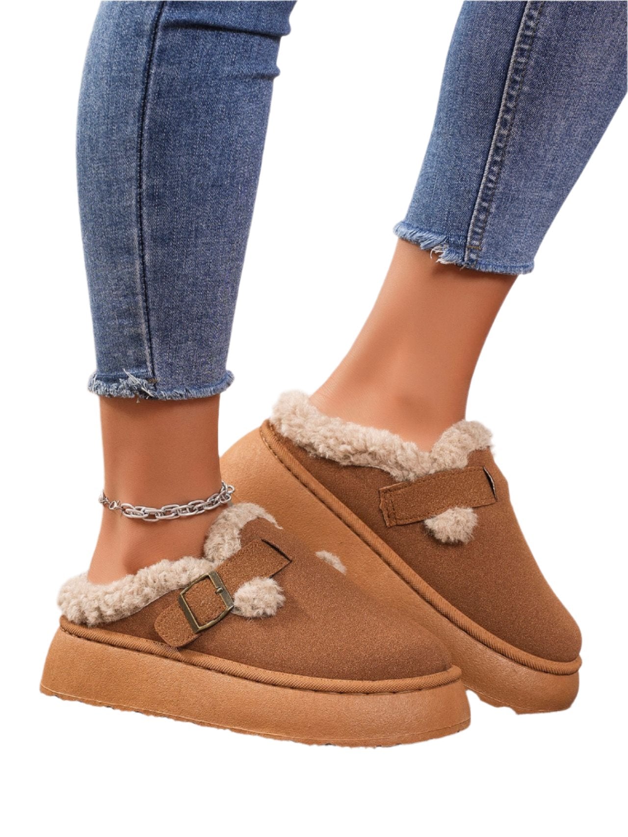 TEEK - Thermal Fuzzy Buckle Platform Slippers SHOES TEEK Trend Caramel 36(US6)