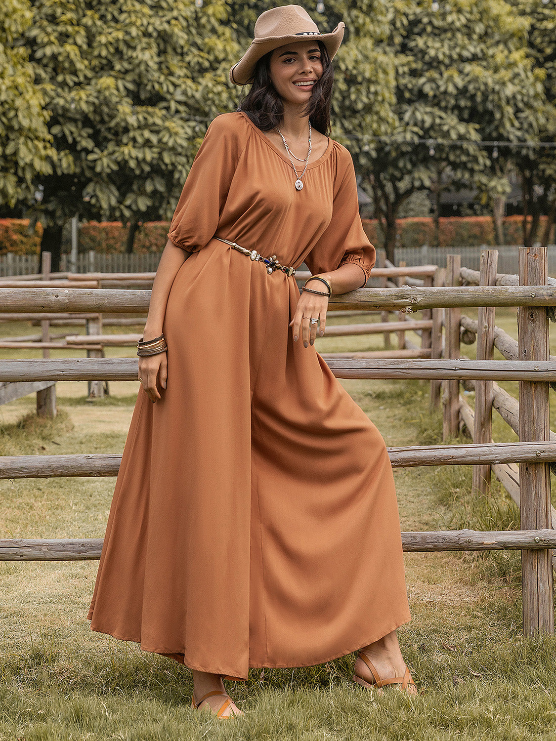 TEEK - Caramel Scoop Neck Half Sleeve Wide Leg Jumpsuit JUMPSUIT TEEK Trend   