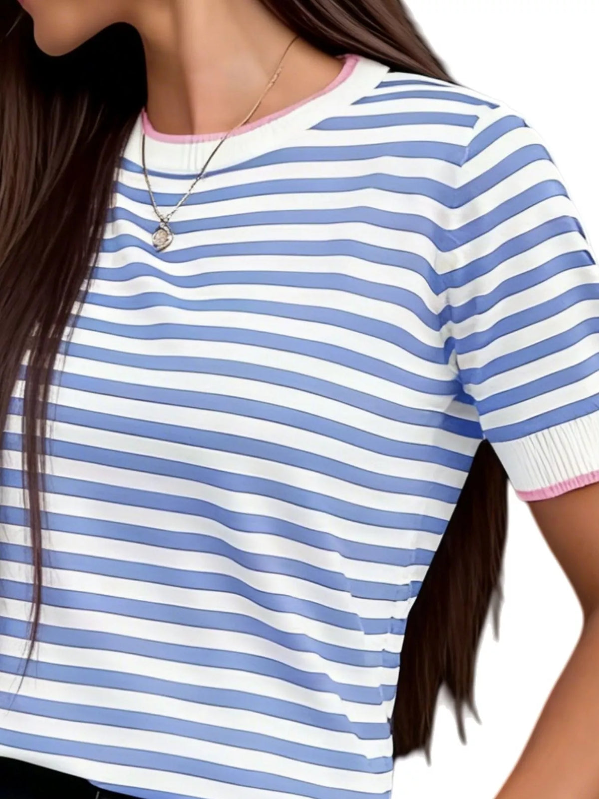 Contrast Trim Striped Short Sleeve Knit Top Trendsi