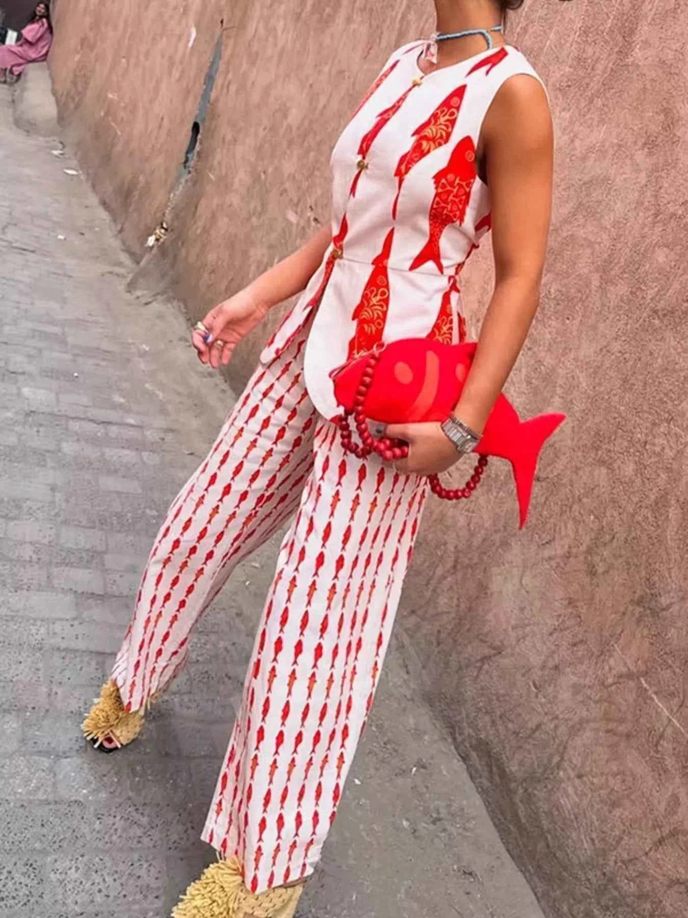 TEEK - Fish Print Sleeveless Top and Pants Set SET TEEK Trend