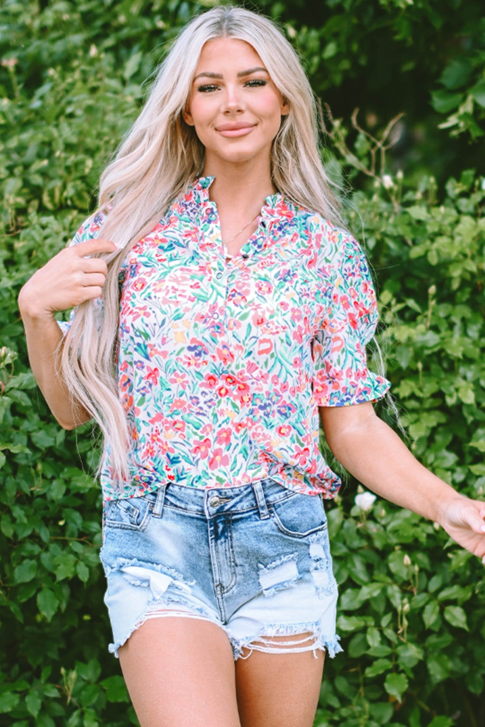 TEEK - Floral Printed Notched Short Sleeve Blouse TOPS TEEK Trend   