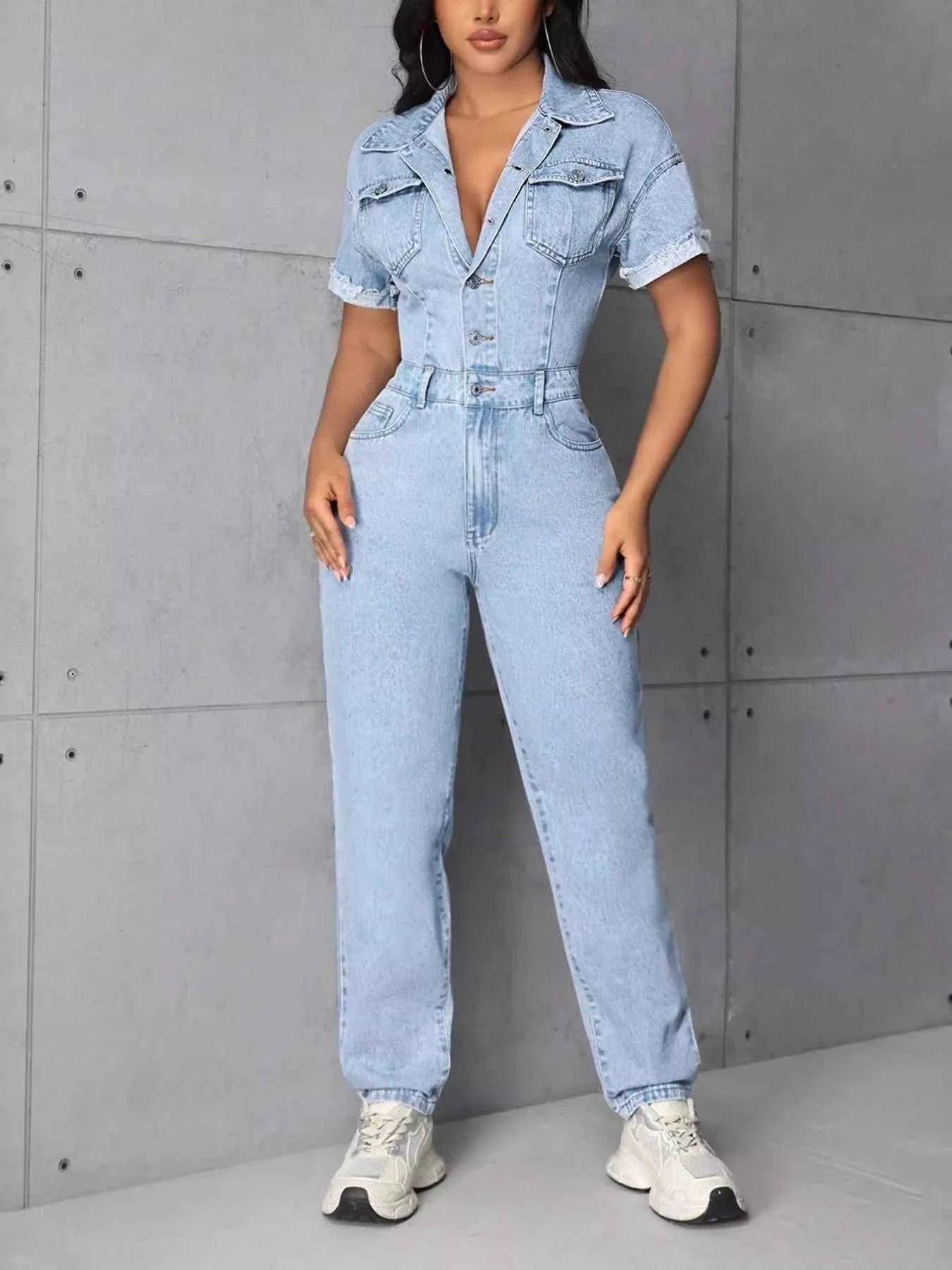 TEEK - Button Front Short Sleeve Denim Jumpsuit Trendsi